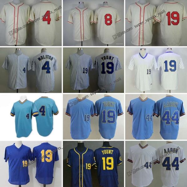 Throwback Baseball Trikots 19 Robin Young 27 Carlos Gomez 8 Ryan Braun 1948 4 Paul Molitor 23 Simmons 44 Hank Aaron 1975 Navy Blue Stitched Trikot