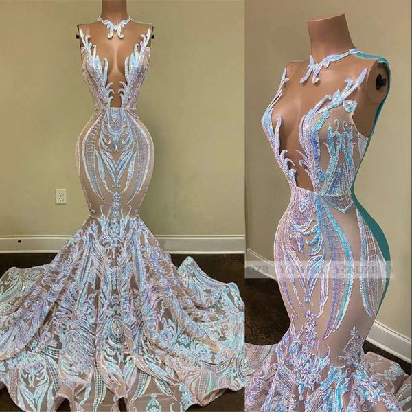 Святки Sparkly Mermaid African Evening Plays Носить черные девушки Jewel Geals Illusion Long Draduation Plus Formal Sequine Prom Plays