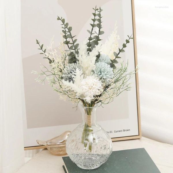 Flores decorativas Autumn White Artificial Artificial Dandelion Hydrangea Bouquet Plástico Flor Falsa para Decoração de Casamento em casa DIY