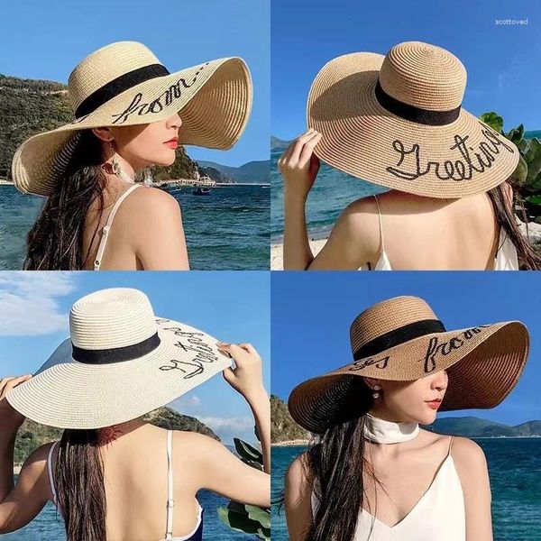 Cappelli larghi cappelli da spiaggia del cappello da donna estate grandi lettere amano il cuore visor pieghevole ricamato copertina da viaggio secchio di paglia