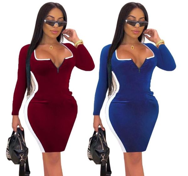 Frauen sexy Velvet Club Kleid Kniebeuge Länge Velours Kleider Winter warmer Reißverschluss U Kragen Streifen genäht Slim Fit Kleid Burgund Blue9359051