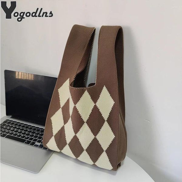 Abendbeutel Vintage Plaid Designer große Kapazität gewebte Tasche für Frauen lässig Top Griff Kintted -Geldbörse und Handtaschen weibliche Käufer Totes