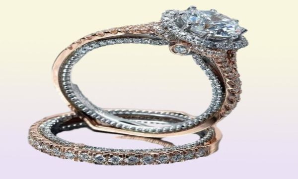 Jóias de moda vintage 925 Sterling Silverrose Gold Round Round Cut White Topaz Cz Rings Diamond Casal Rings Eternity Women Wedding BR15386682