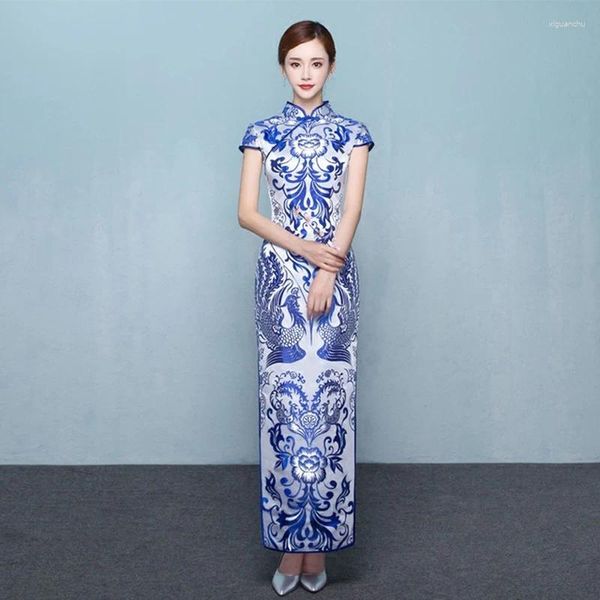 Roupas étnicas azul branco cheongsam sexy qipao longa vestido de noite tradicional chinês chinois femme túmulo longa chinoise