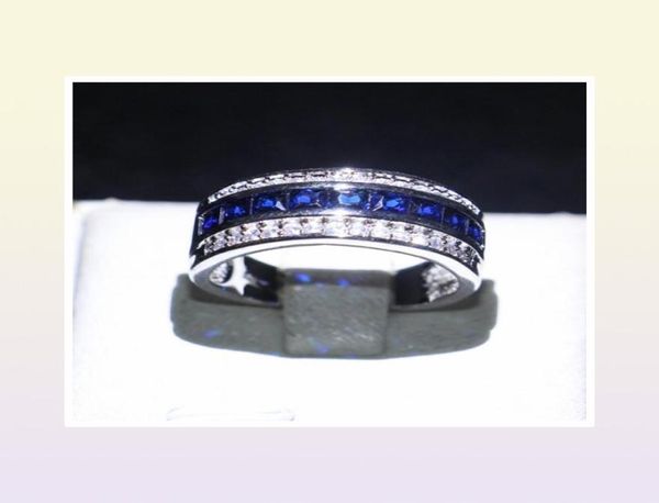 Exquisite Männer 10KT Weißgold gefüllte Marke Ring Blue Sapphire CZ Runde Kristallschmuck für Hochzeitsvergütung Geschenkgröße 812 4269786923476