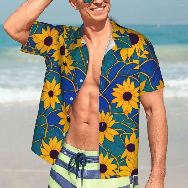 Мужские повседневные рубашки подсолнутые фантастическая рубашка милый цветочный принт винтаж Гавайи мужские мужски с короткими рукава