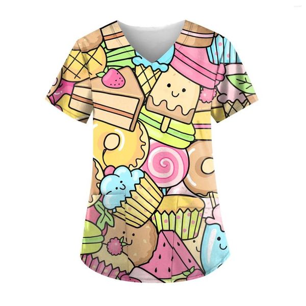 Camicie da donna kawaii scrubs scrubs tops womens cartoneon stampare a manicotto tasca a manica a vta