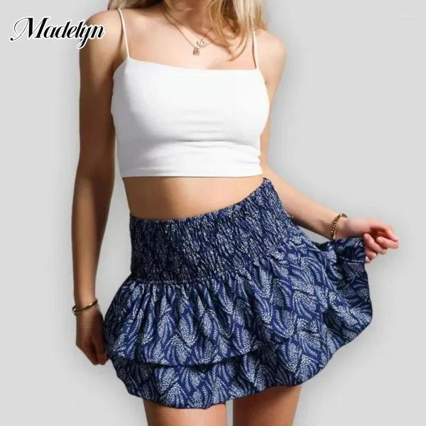 Saias Vintage Ruffle Print Pleated for Women Summer Moda Minissaia Y2K Salia rosa curta Europa Europa Boho Beach High Wistist