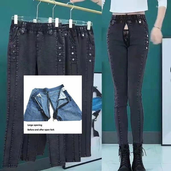 Jeans femininos Aberto da virilha aberta sexo ao ar livre Mulheres espessas de veludo de veludo quente moda coreana alta cintura alta elástica jeans casual casual 2024