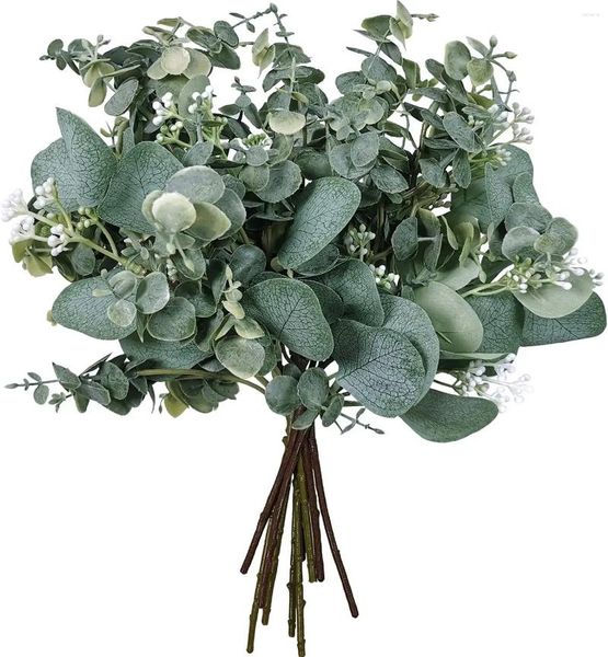 Flores decorativas 10pcs misturados folhas artificiais ovais de eucalipto caules e spray para vaso de coroa floral bouquets decoração de vegetação de casamento