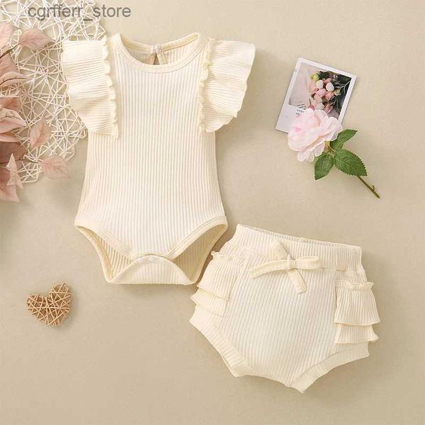 Dompers Слушайвинд Baby Girl 2 Piece Outfit Casual с твердым цветом Ribbed Dompers и Elastic Ruffles Shorts Summer Jomprest Set L410