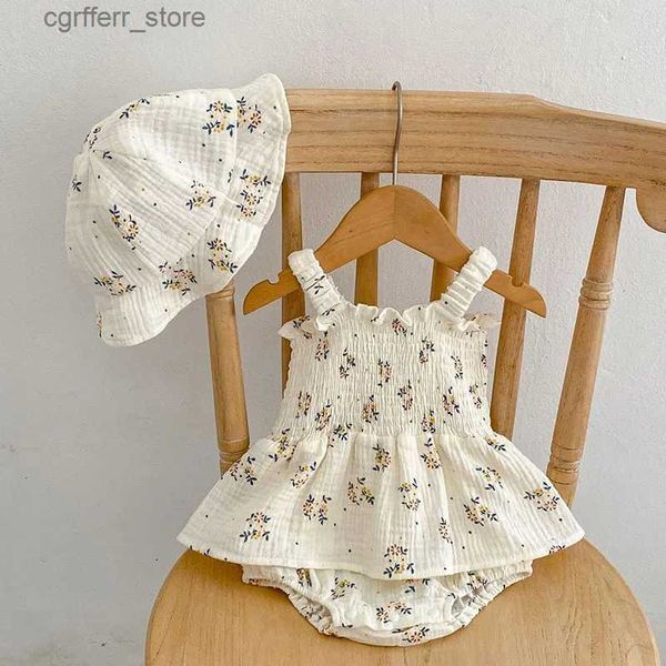 ROMPERS Summer Baby Girl Bodysuit Kleidung Kleinkinder Blumen Blumen drucken ärmellose Overalls + Hut Baumwolle Süße Kleinkind Girl Kleidung L410