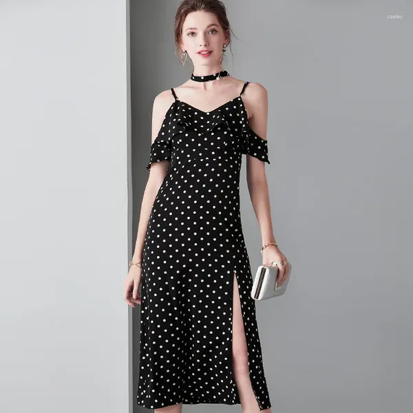 Vestidos casuais Polca preta Dot Floral Maxi Dress feminino femme 2024 Trabalho de verão Longo Boho praia