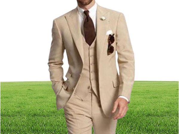 Ternos de homens de casamento de três peças bege para festas de negócios pico de lapela de dois botões de toque personalizado de tuxedos calças colete colete Vest6580782