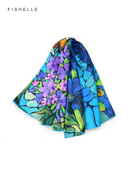 Uccelli di fiori viola bluastri di pittura ad olio di pittura femminile 100% twill di seta naturale 90*90 signore a sciarpa quadrata bandana di lusso hijab 240415