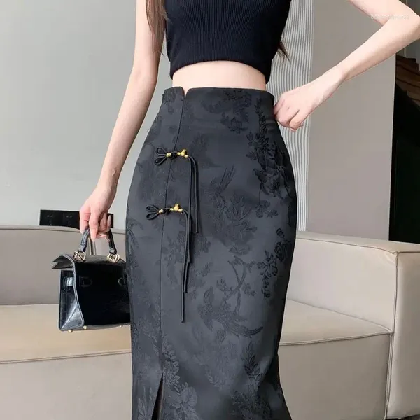 Юбки китайская жаккардовая черная юбка средней длины летние высокие талию Slim Fit Straight Tube