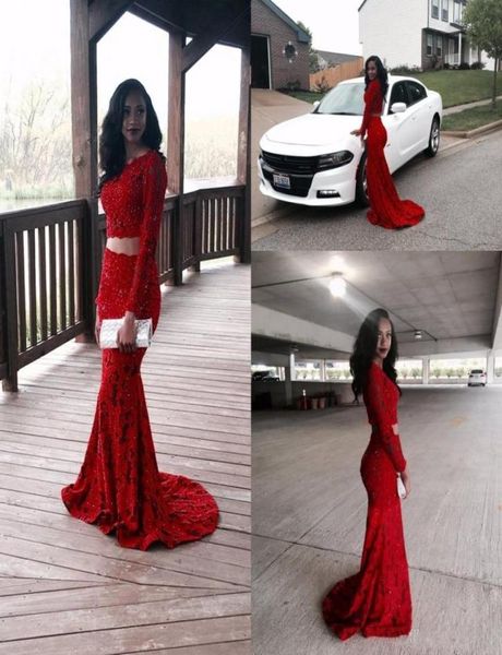 Gorgeous 2019 Shiny Red Full Spitze Zwei Stücke Abendkleider schiere Langarmer Meerjungfrau Abschlussball Kleider maßgeschneiderte formelle Partykleid 4597735