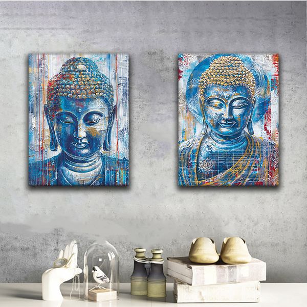 Blue Buddha Wandkunst abstrakte Buddha -Porträt -Leinwand Malerei, Zen Meditation Room Dekor, bunte Buddhismus Poster, Religionskunstwerk Drucke Yoga Room Home Decor