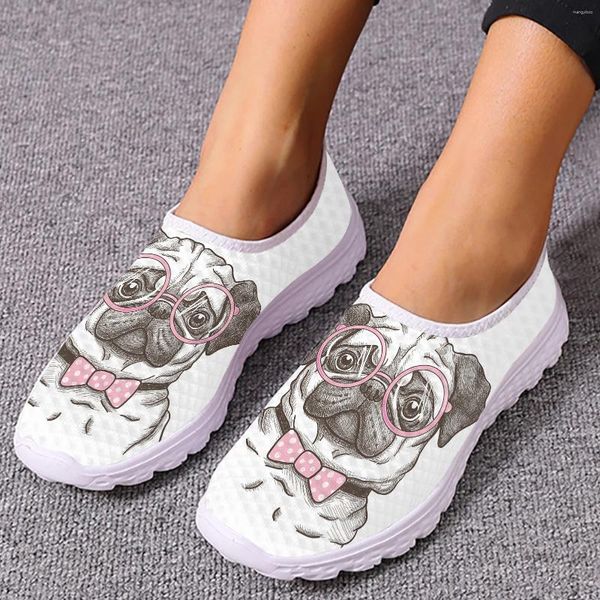 Sapatos casuais instantarts desenhos animados engraçados pug mocassins de impressão de animal malha de verão confortável