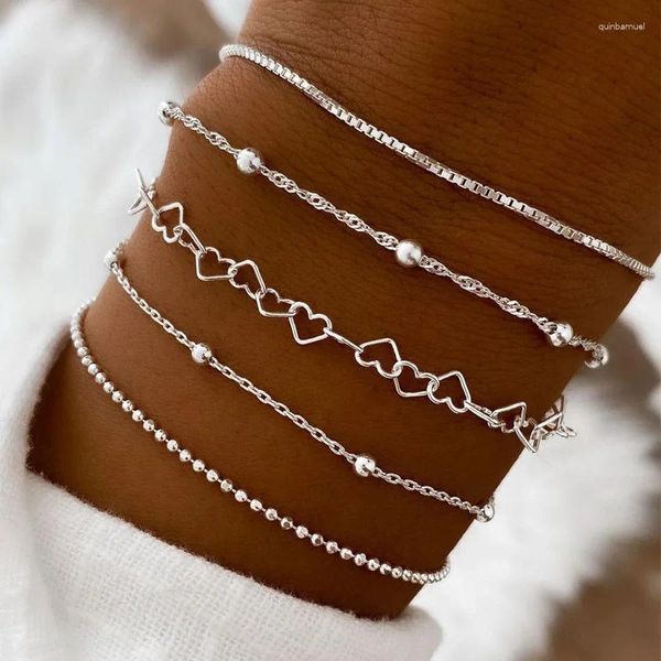 Link braccialetti 5pcs/set argento color multistrato cuori interblocco Bracciale retrò retrò per donne regalo di matrimonio gioiello di moda fine