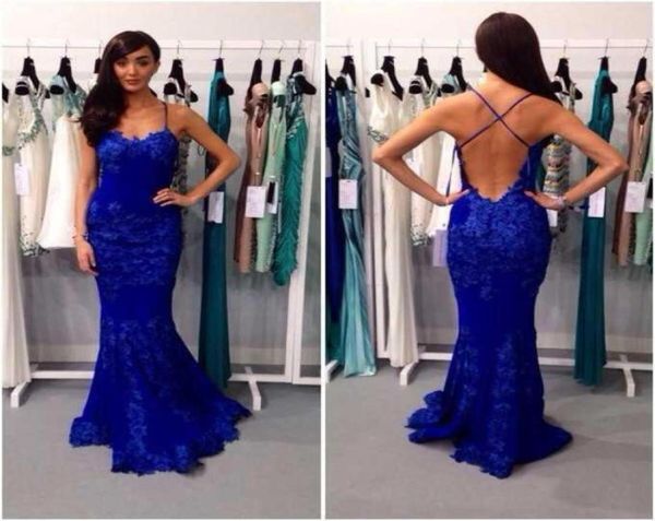 Vestido de baile de cor azul de 2017 Sexy sereia de baixo corte de costas longas, vestido sem costas WH4763107997