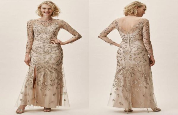 2019 Bhldn Mãe da noiva Vestidos Jóia Jóia Pescoço de renda de renda de lantejoulas de manga longa Vestido de convidado no tornozelo