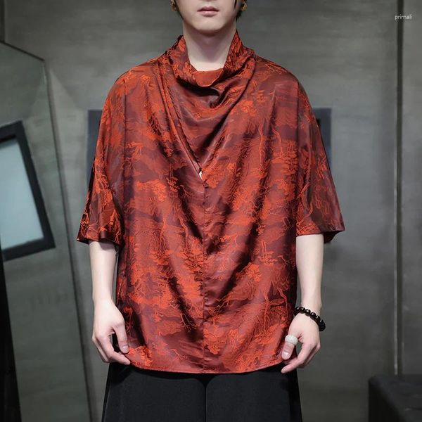Camisetas masculinas colar de colarinho jacquard show roupas harajuku streetwear moda moda curta camise
