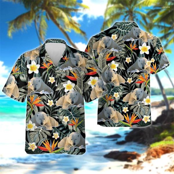 Мужские повседневные рубашки мультфильм белый медведь график для мужчин одежда одежда хараджуку модная рубашка для животных пляжная рубашка гавайские женщины кнопка с коротким рукавом с коротким рукавом с коротким рукавом