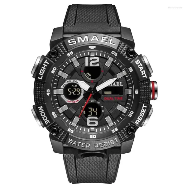 Нарученные часы Smael Top Brand Dual Time Led Display Digital для мужчин Водонепроницаемые плавательные Quartz Sport Watch Auto Date Alarm The Clais