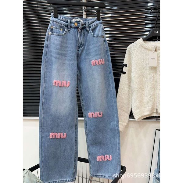 Basic Casual Kleider Herbst/Winter Miu Home Pink Zahnbürste Brief gestickte Jeans für Frauen