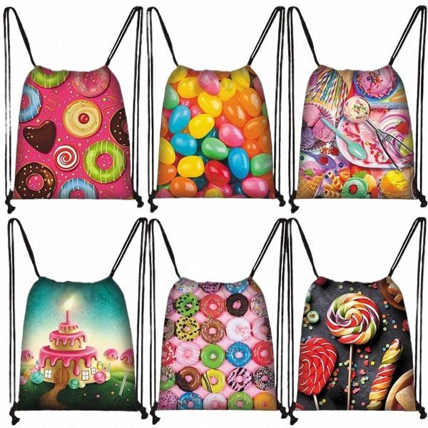 3D Dut Rainbow Lollipop Print Bag de cordas de tração Backpacks Mochilas de grande capacidade Sacos de armazenamento para sapatos de viagem Bolsa de livros Bag M1TT#