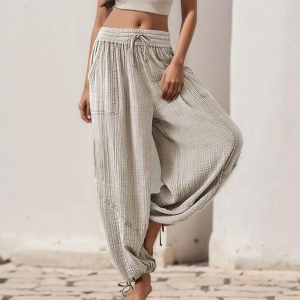 Calça feminina feminina feminina moda folgada casual confortável verão fino calças de praia vintage alta de cintura larga cargo de pernas largas com bolsos