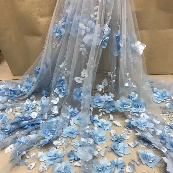 Perle 3d bianchi tessuto in pizzo ricamo a maglie di alta qualità Applique 3d fiore in tulle tessuti in pizzo nigeriano per sposa XC300A 240408