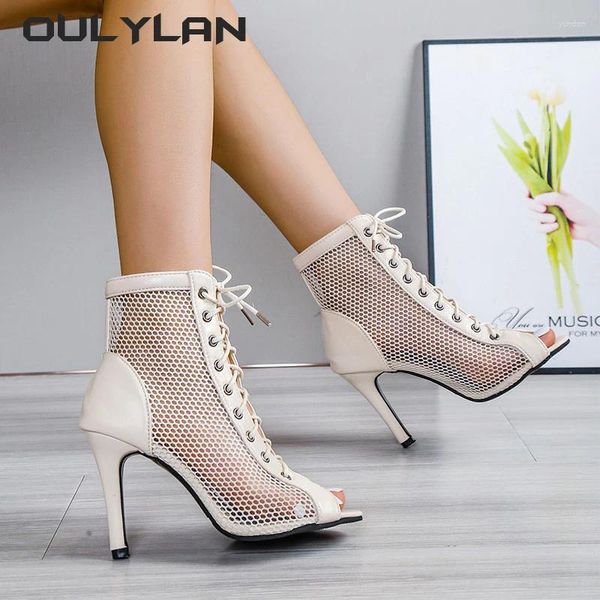 Sapatos de dança Ouillan Saltos Saltos Botas legais Mulheres Moda Hollow Out Lace Up Mesh Fish Bocal High Sandals Sandals Jazz Mulheres