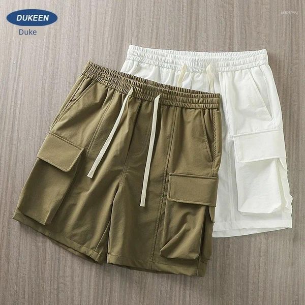 Calças masculinas em shorts de seda de gelo americano para o verão secagem rápida de pernas retas e linhas com moda com a moda Função de bolso 5/4