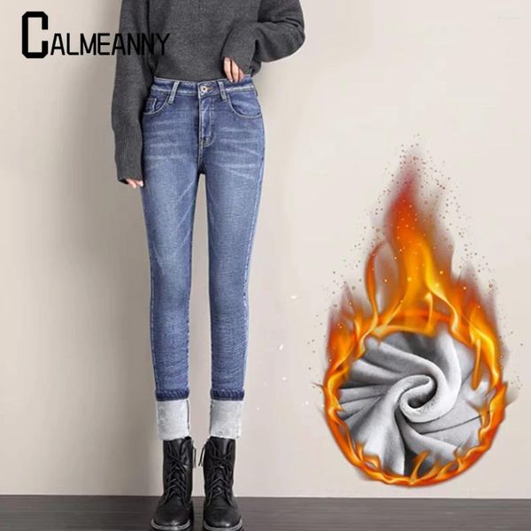 Jeans femminili da donna donne invernali caldi peluche e allungamento pantalino termico per vello spesso magro