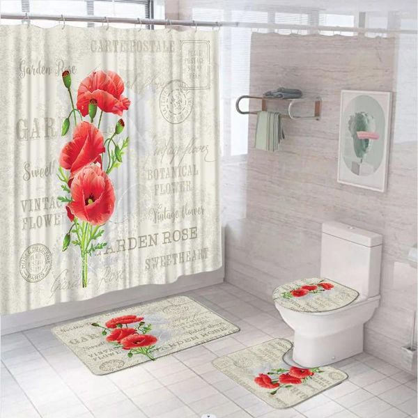 Cortinas de chuveiro Flores vintage Cortânica conjunto de cortina de primavera de primavera de planta floral banheiro banheiro tapete de tapete de banheiro tampa de assento