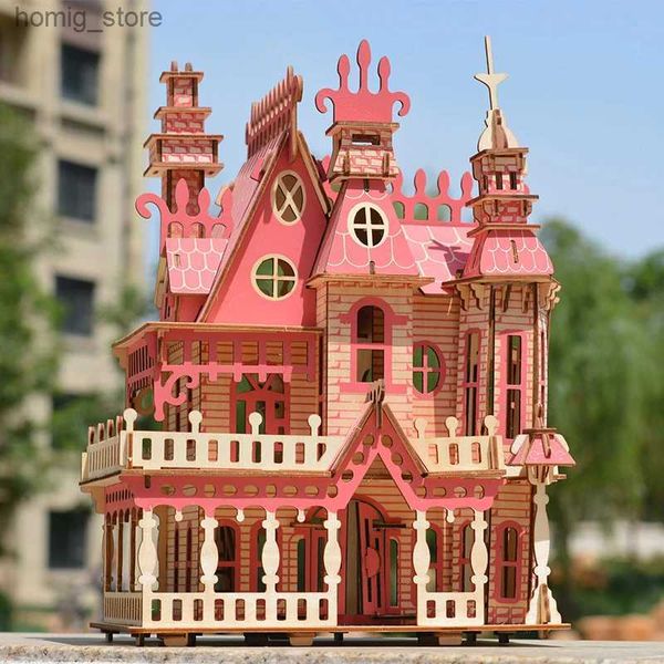 3D Bulma Bulmacalar Fantezi Villa Ahşap Jigsaw 3D Ahşap Bulma Bulma Diy Bebek Evi Model Minyatür Dollhouse Oyuncakları Çocuklar İçin Kızlar Hediye Y240415