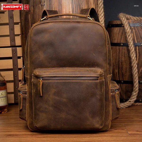 Sırt çantası vintage çılgın at deri erkekler seyahat sırt çantaları ilk kat dizüstü bilgisayar çantası büyük kapasiteli omuz çantaları erkek