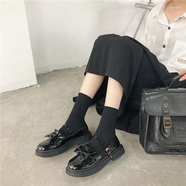 Sıradan Ayakkabı Japon Öğrenci Sürüngenleri Mary Janes Kadın Sevimli Yay Knot Turp Strap Loafers Vintage Ruffles Işık/Mat Bebek Femme