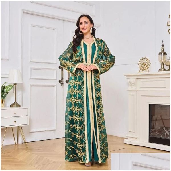 Abbigliamento etnico abito da festa musulmano marocchino per donne kimono abaya a 2 pezzi set di abiti islamici di lusso da lussuoso ricamo verde kaftan dro dhjze