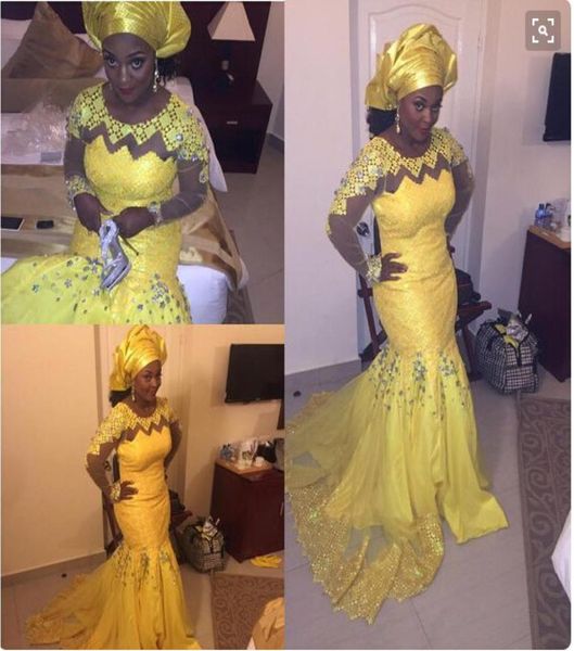 ASO EBI Ярко -желтые выпускные платья русалка плюс размер южноафриканских кружевных вечерних платьев 2016 Длинные рукава прозрачные платья с бисером 5595150