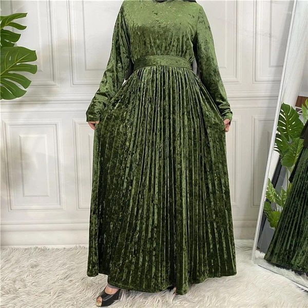 Abbigliamento etnico Donne musulmane Velvet Maxi Abito Piegato Abaya Dubai Turchia Kaftan allacciata Jalabiya Arabo Saudita Abito Marocain Bown Islam