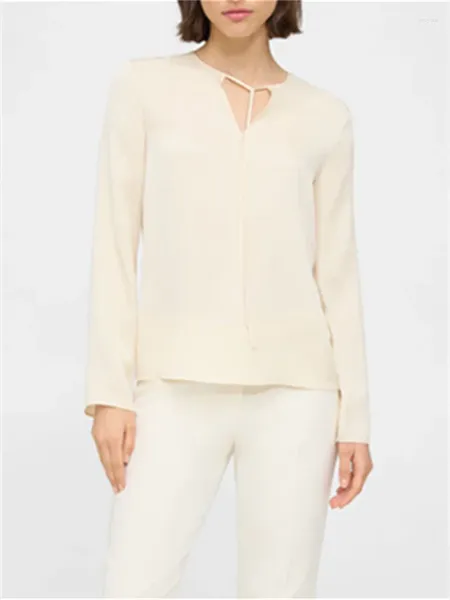 Blouses femininas Mulheres Lace-up O-pescoço de acetina Blusa simples de seda elegante e 2024 Camisa de manga longa da primavera