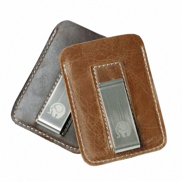 Vintage Oil Wachs Echte Ledermänner Kreditkartenhalter mit einer Metallklemme Weibliche ID -Kreditkarte C -Halter Mey Clip R9KI#