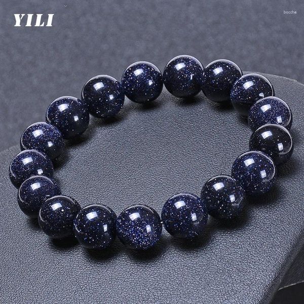 Strand 8-12mm natürlicher blauer Sandstein Perlen Armband Sonnensystem Armbänder Schmuck Geschenk für Frauen Männer Liebhaber Elastizität Seilgeschenke