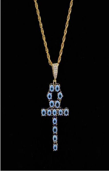 Blaue Farbe Egyptian Ankh Key of Life Halskette 18K Gold plattiert Kupfer Anhänger Kubikzirkonia Hip Hop Juwelry3052707