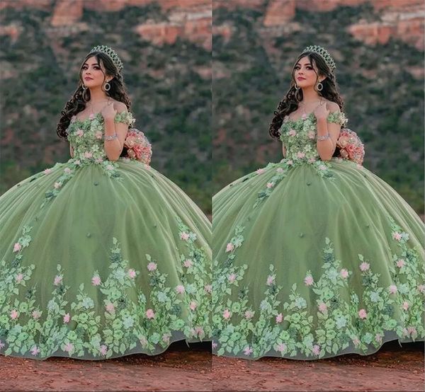 2024 MODEST SAGE GREEN QUINCEANERA DRESTI DELL'ABILE 3D PINK APPLICA FLORALE APPLICA APPLICA