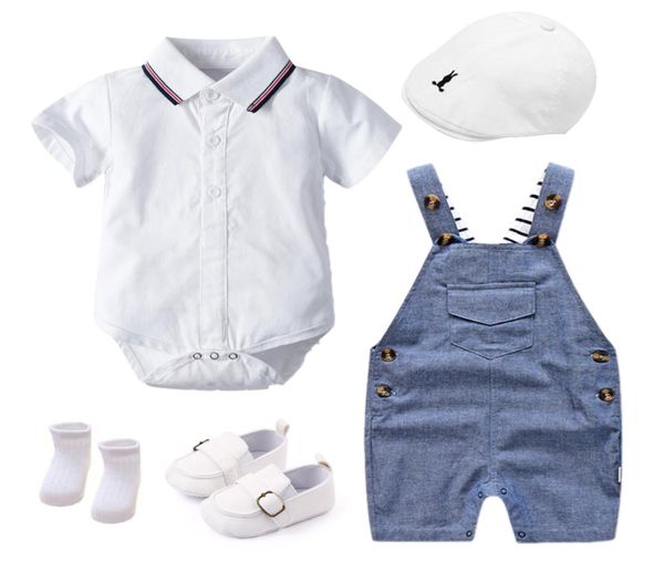 Neugeborene Jungen Sommerkleidung Set Cotton Kinder Geburtstagskleid weiße Säugling Outfit Hut Strampler Gesamtsocken 5 PCS8302334