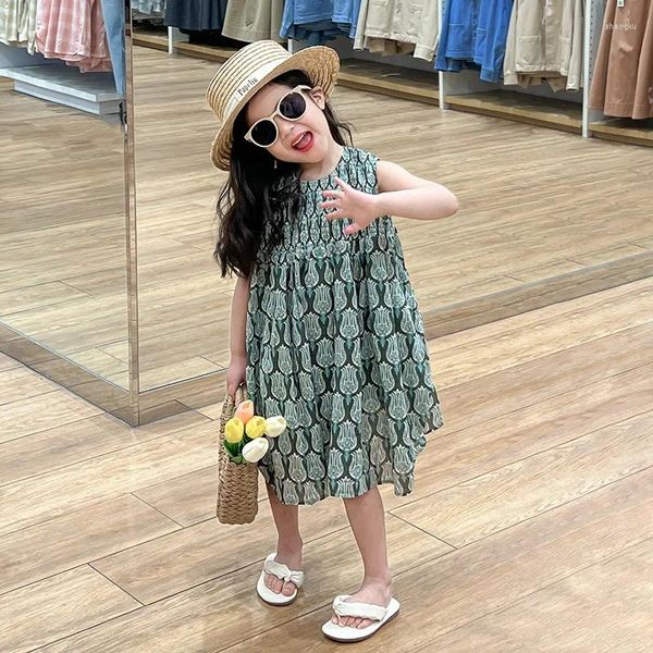 Set di abbigliamento 2024 per bambini primavera estate abito da ragazza in cotone con stampa retrò prendente casual versatile senza maniche